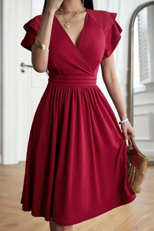 Kadın Kısa Fırfır Kollu Kruvaze Yakalı Kiloş Janjan Krep Elbise