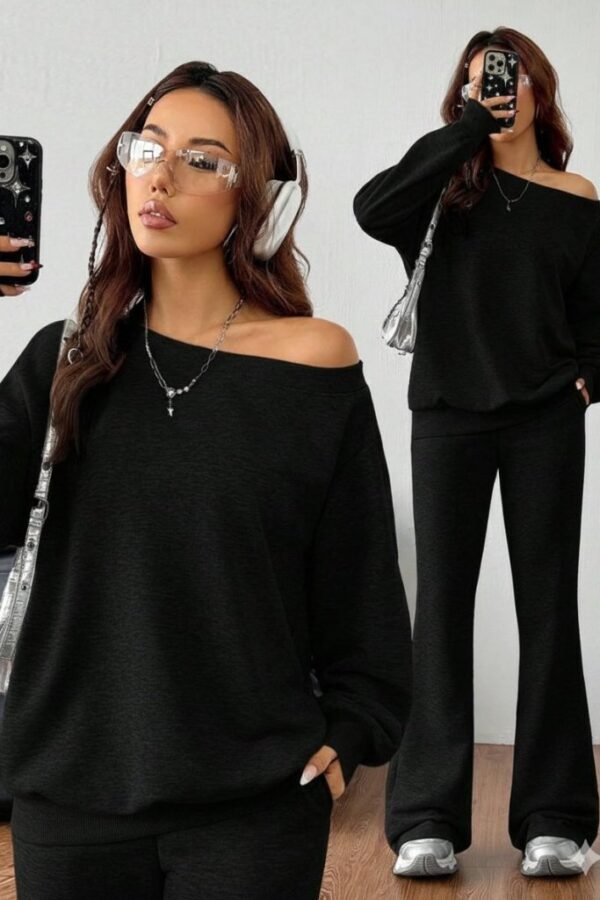 Kadın Uzun Kollu Tek Omuzdan Açık Iki Iplik Bluz Ve Pantolon Ikili Takım