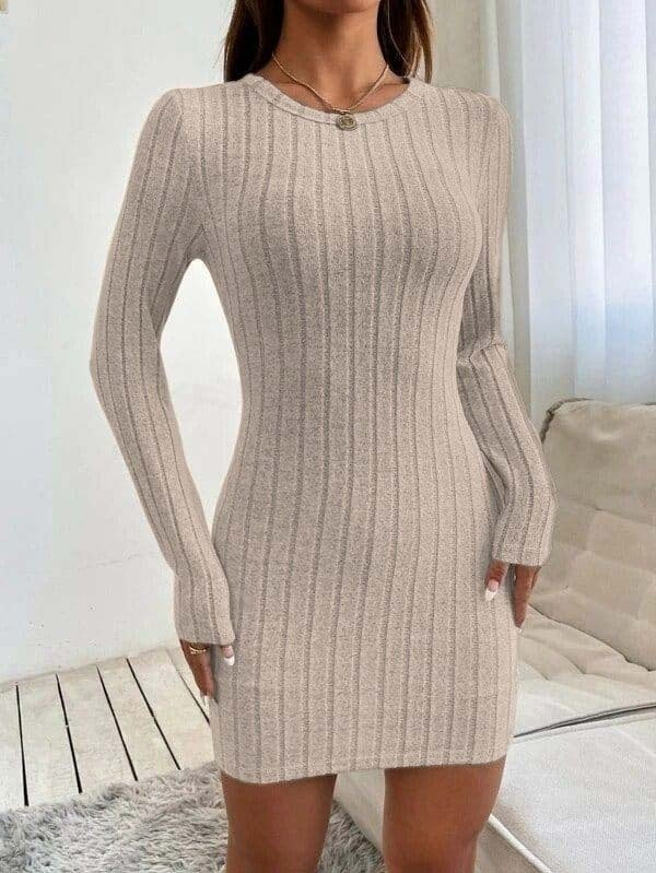 Kadın Uzun Kollu Bisiklet Yaka şardonlu Kalın Fitilli Kaşkorse Mini Boy Elbise - Görsel 5