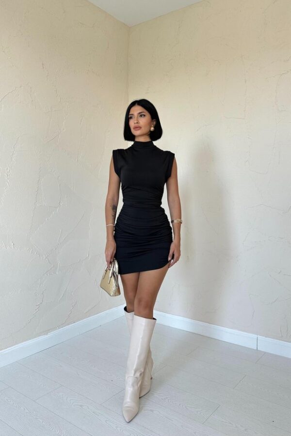 Gri Büzgülü Kolsuz Elbise