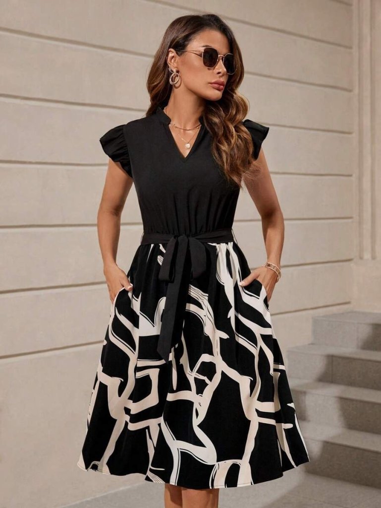 Kadın Kısa Kollu V Yakalı üst Janjan Krep Alt Desenli Süprem Mini Elbise - Görsel 3