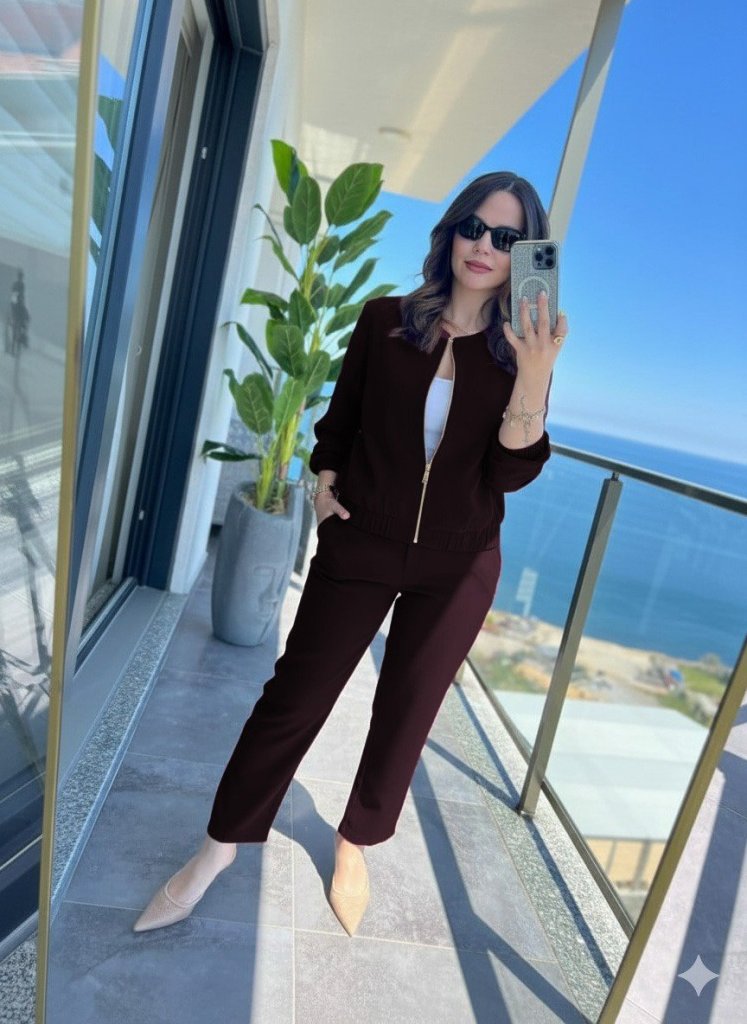 Kadın Uzun Kollu önden Fermuarlı Modal Ceket Ve Pantolon Ikili Takım - Görsel 13