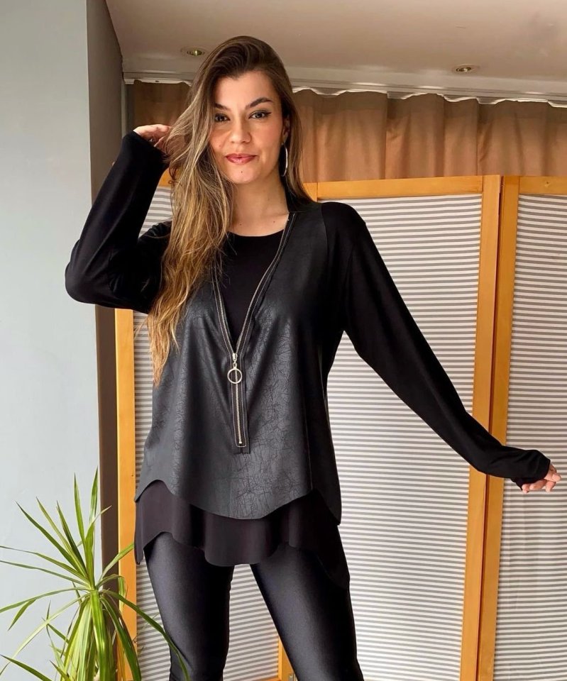 Kadın Uzun Kol Asimetrik Kesim Viskon Bluz Ve çatlak Deri Görünümlü Fermuar Detaylı Yelek Ikili Takım - Görsel 8