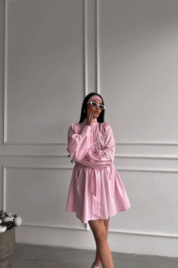 ÖNDEN DÜĞMELİ POPLİN KLOŞ ELBİSE BAĞLAMA KEMER DETAYLI - Siyah