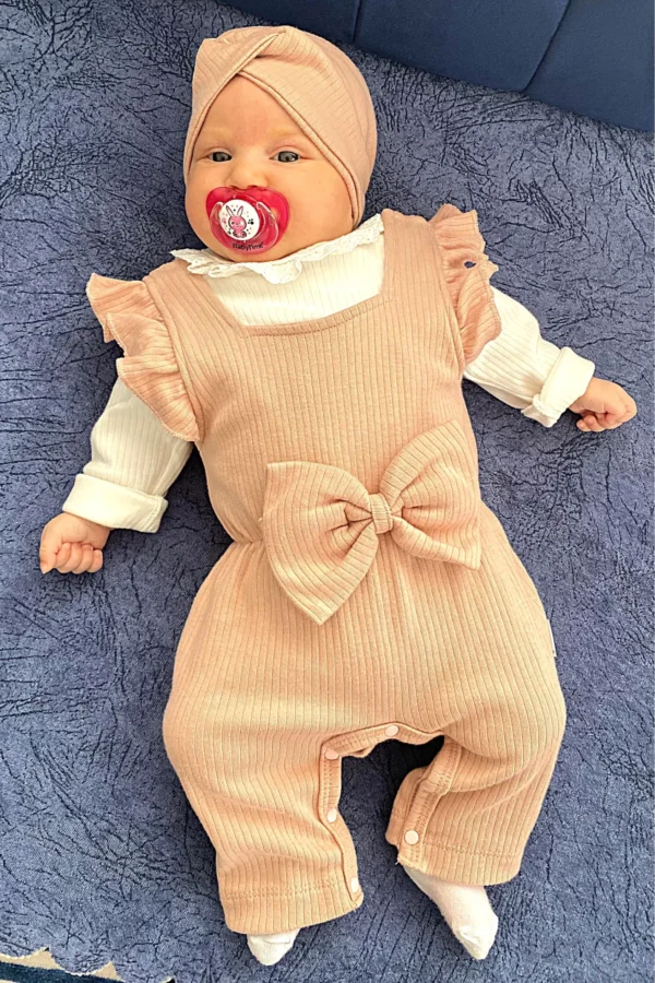 Dantel Yaka Detaylı Fiyonklu 2'li Kız Bebek Salopet Tulum