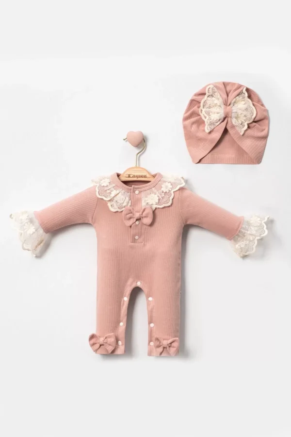Dantel Yaka Detaylı Şapkalı 2'li Kız Bebek Tulum