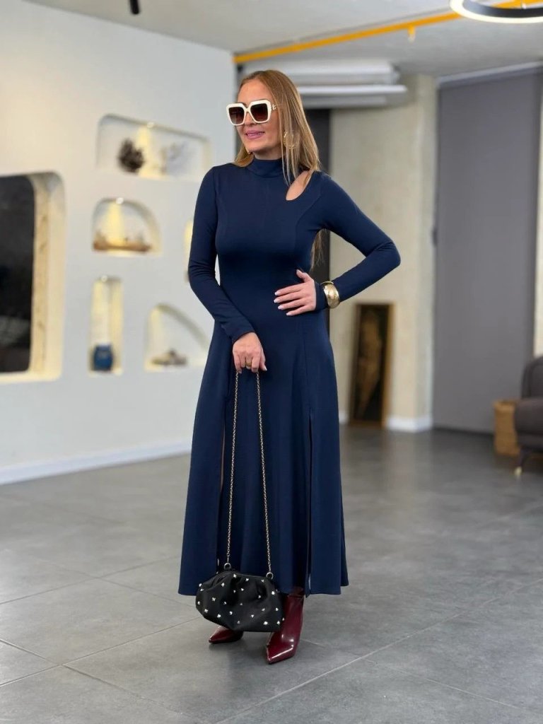 Kadın Balıkçı Yaka Damla Detaylı Yırtmaçlı Uzun Viskon Iki Iplik Maxi Elbise - Görsel 11