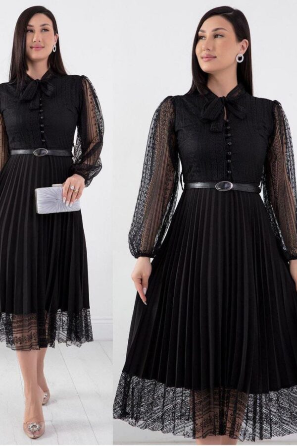 Kadın Denim Kumaş Dantel Detay Pileseli Elbise