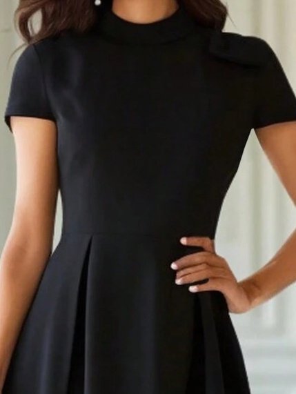 Kadın Kısa Kollu Yarı Balıkçı Yaka Pileli Janjan Krep Midi Elbise - Görsel 7