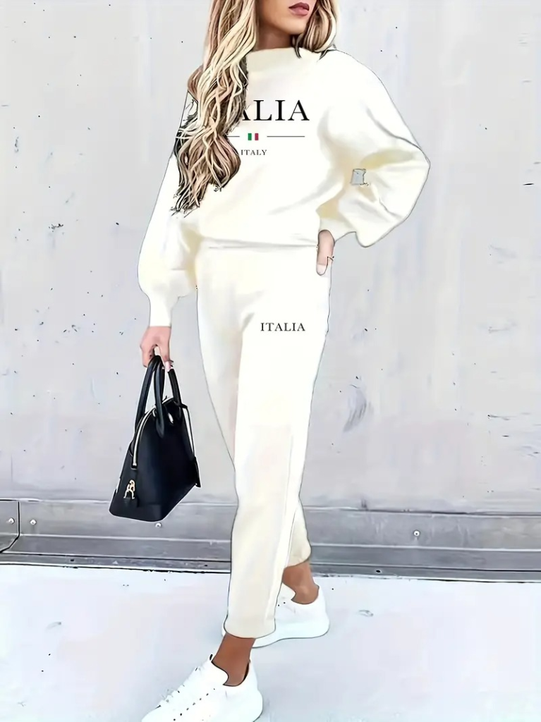 Kadın Uzun Kollu Bisiklet Yaka şardonlu üç Iplik Bluz Ve Pantolon Ikili Takım - Görsel 3