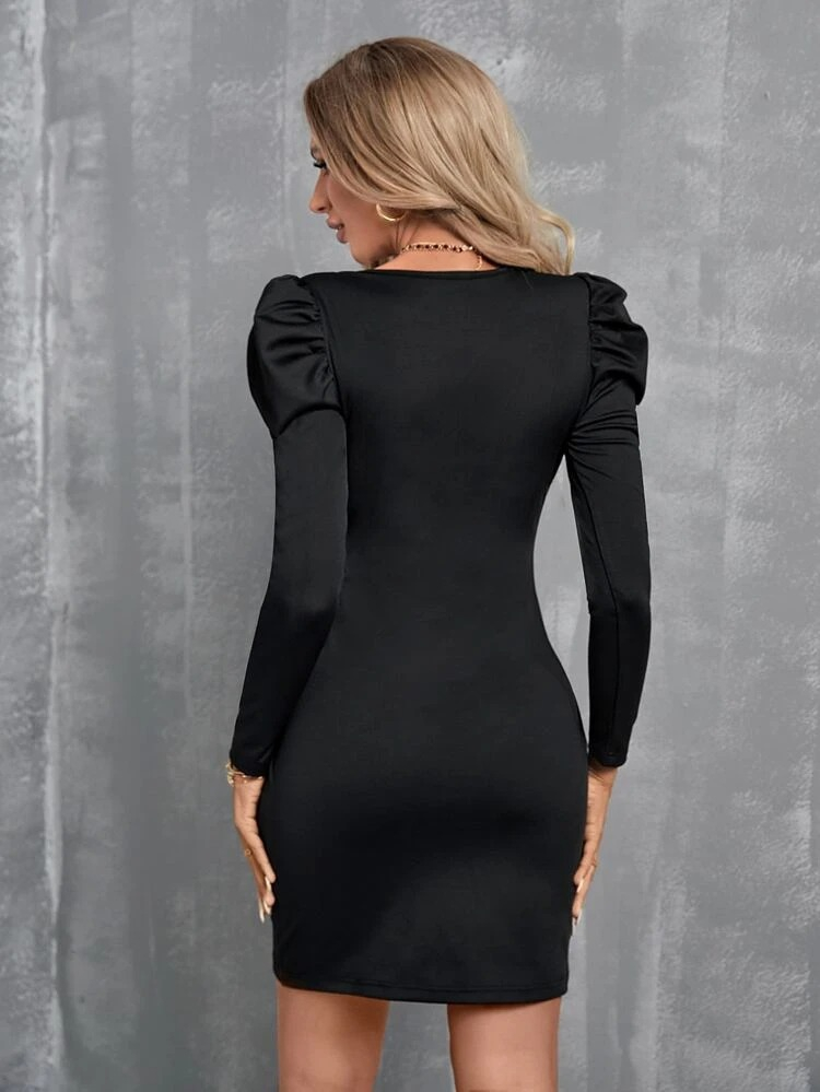 Kadın Uzun Kollu Kruvaze Yaka Kol Detaylı Ithal Krep Mini Elbise - Görsel 3