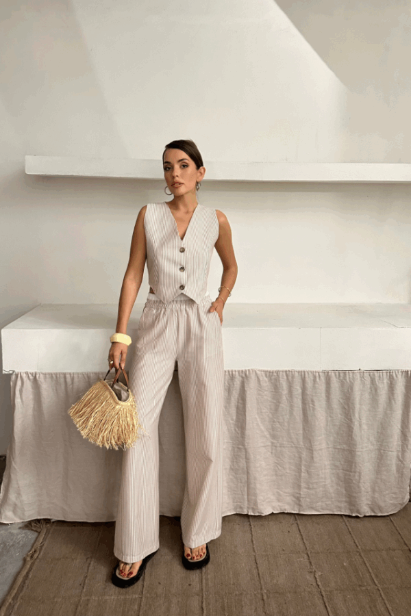 GOFRE ÇİZGİLİ YELEK - PANTOLON TAKIM - Mavi