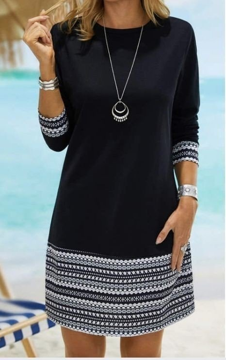 Kadın Uzun Kollu Bisiklet Yaka Kol Ağzı Ve Etek Ucu Baskılı Iki Iplik Elbise - Görsel 14