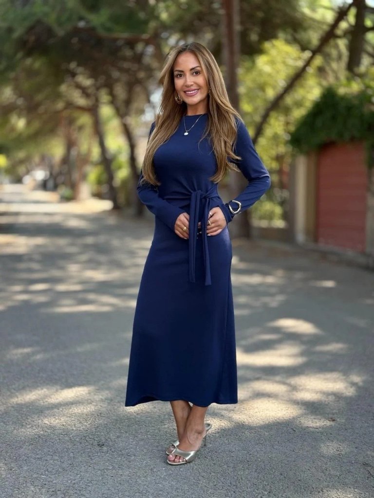 Kadın Uzun Kollu Bisiklet Yaka Yandan Bağlamalı Uzun Modal Elbise - Görsel 6