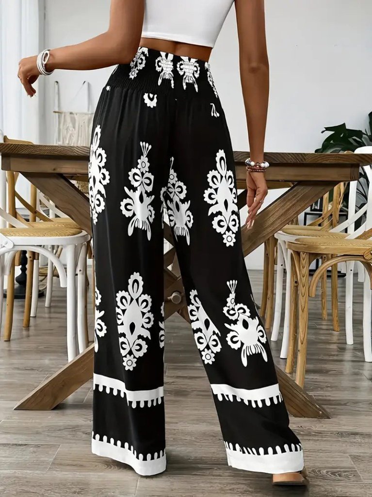 Kadın Yüksek Bel Büzgülü Etnik Desen Baskılı Süprem Pantolon - Görsel 4