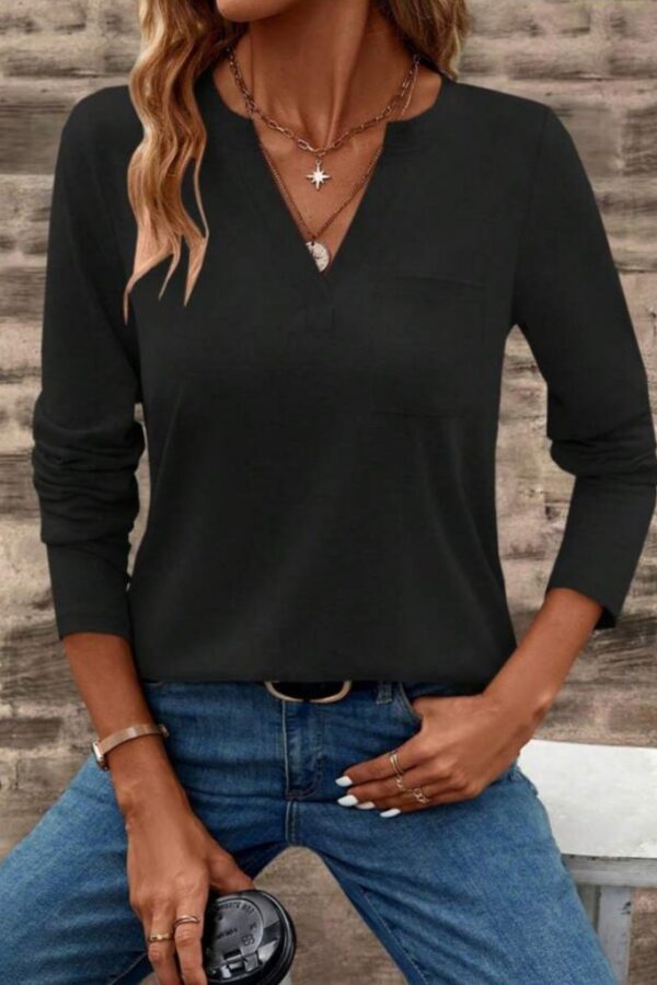 Kadın Uzun Kollu Cepli V Yakalı Viskon Iki Iplik Mürdüm Bluz