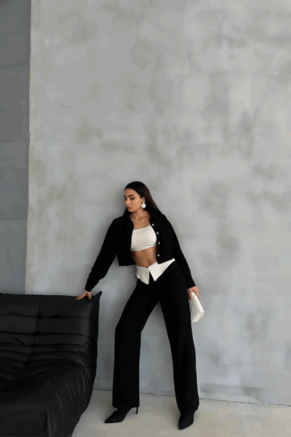 KETEN GÖMLEK-CROP-SALAŞ PANTOLON TAKIM - Siyah