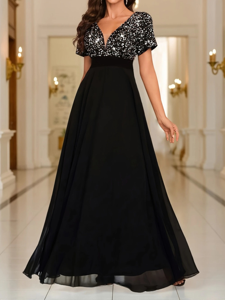 Kadın Kısa Kollu Derin V Yakalı A Kesim Pulpayet Detaylı şifon Nedime Elbisesi - Görsel 4