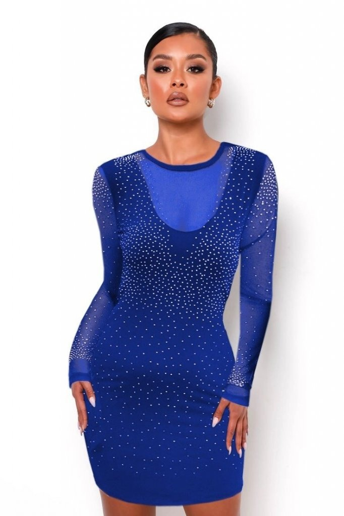 Kadın Uzun Kollu Yuvarlak Yaka Dekolteli Taşlı Dalgıç Elbise - Görsel 14