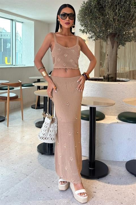 İnci Ve Çiçek Detaylı Büstiyerli Triko Takım 10100