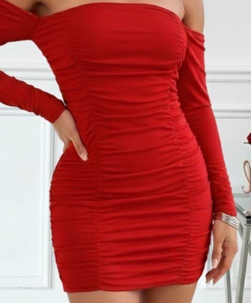 Kadın Uzun Kollu Omuzlardan Açık Takma Kollu Büzgülü Sandy Kısa Elbise - Görsel 5