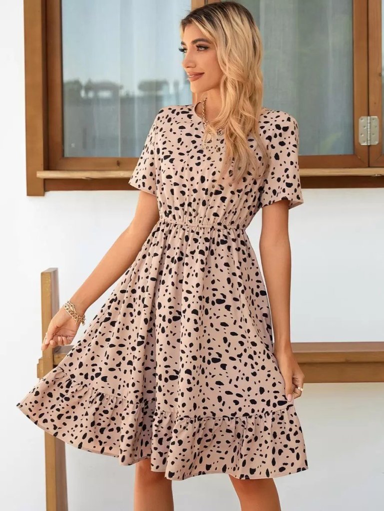 Kadın Kısa Kollu Bisiklet Yaka Desenli Süprem Elbise - Görsel 5