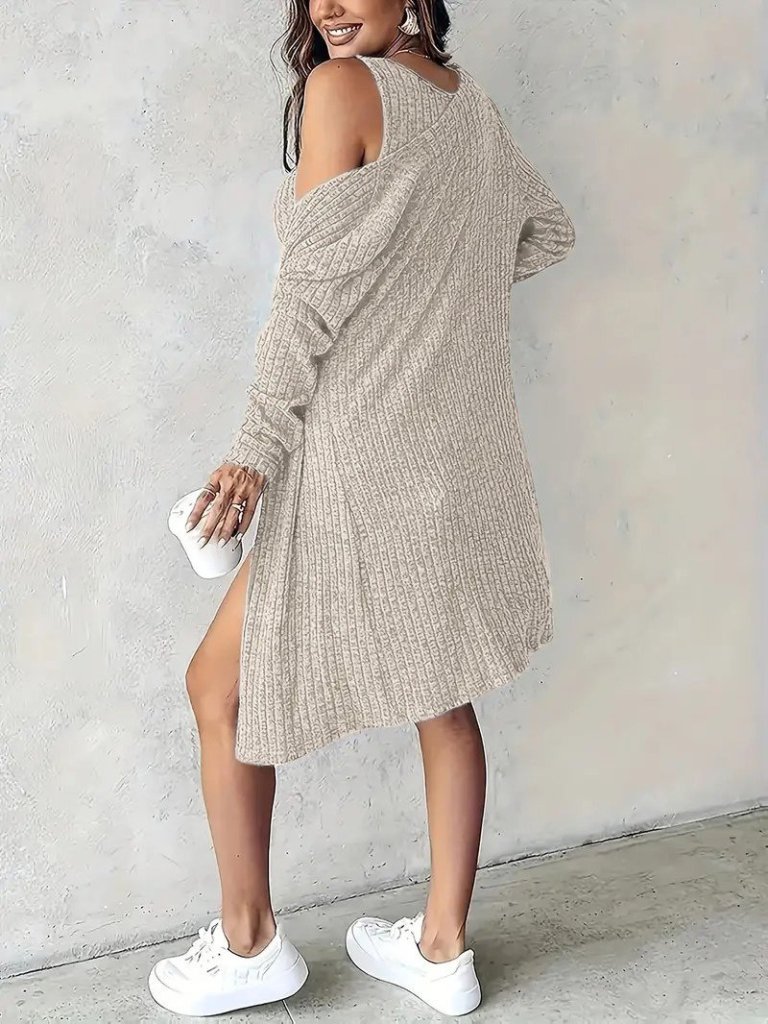 Kadın Askılı Yuvarlak Yakalı önü Düğmeli şardonlu Kaşkorse Mini Elbise Ve Kısa Ceket - Görsel 3