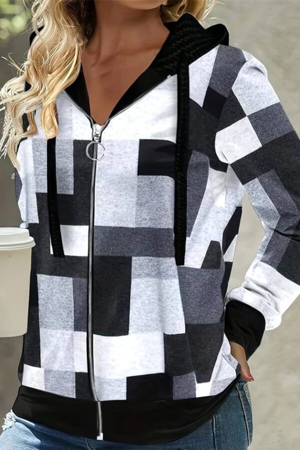 Kadın Uzun Kollu Kapşonlu önden Fermuarlı Desenli şardonlu Ceket