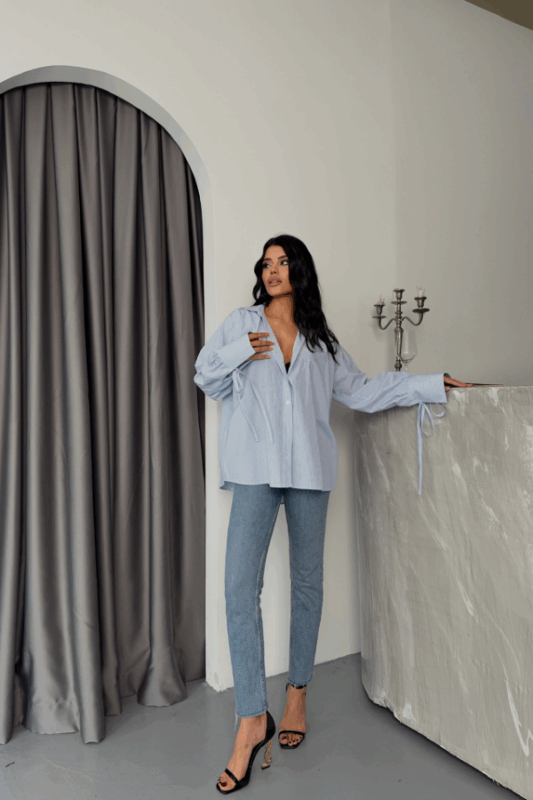 ÇİZGİLİ POPLİN GÖMLEK MANŞET İP DETAYLI - Mavi