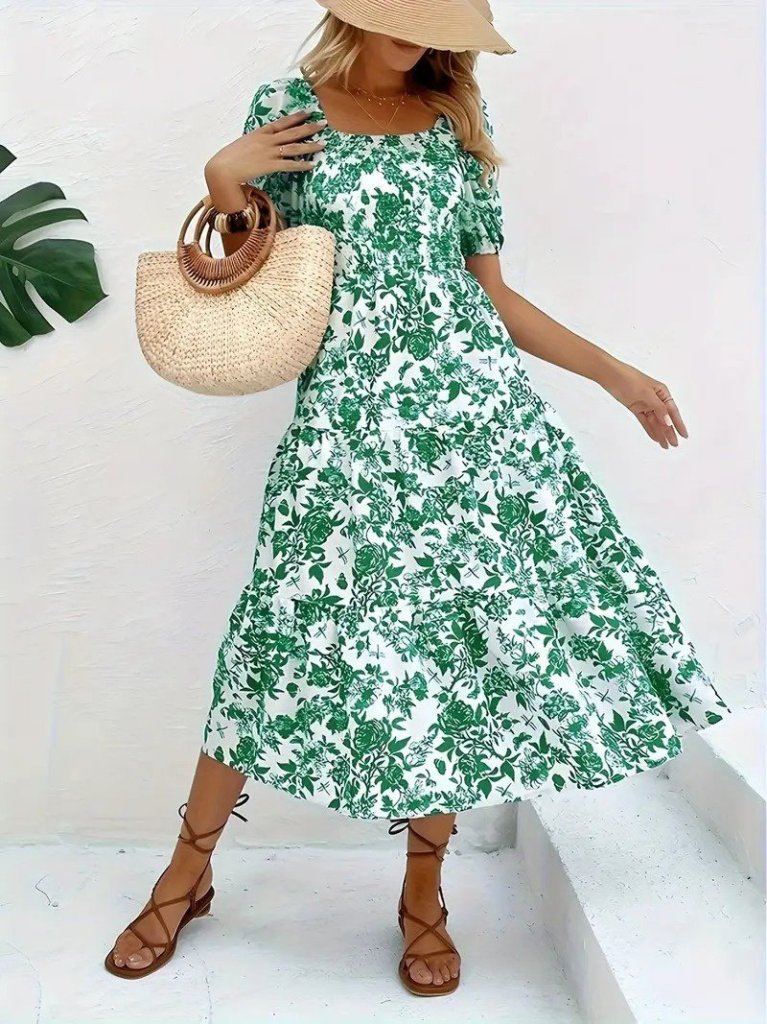 Kadın Kısa Kollu Kare Yakalı Lastikli Desenli Süprem Elbise - Görsel 11