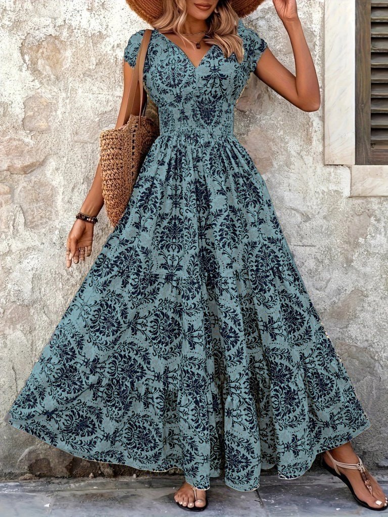 Kadın Kısa Kollu Kruvaze Yaka Beli Lastikli Süprem Maksi Boy Elbise - Görsel 28