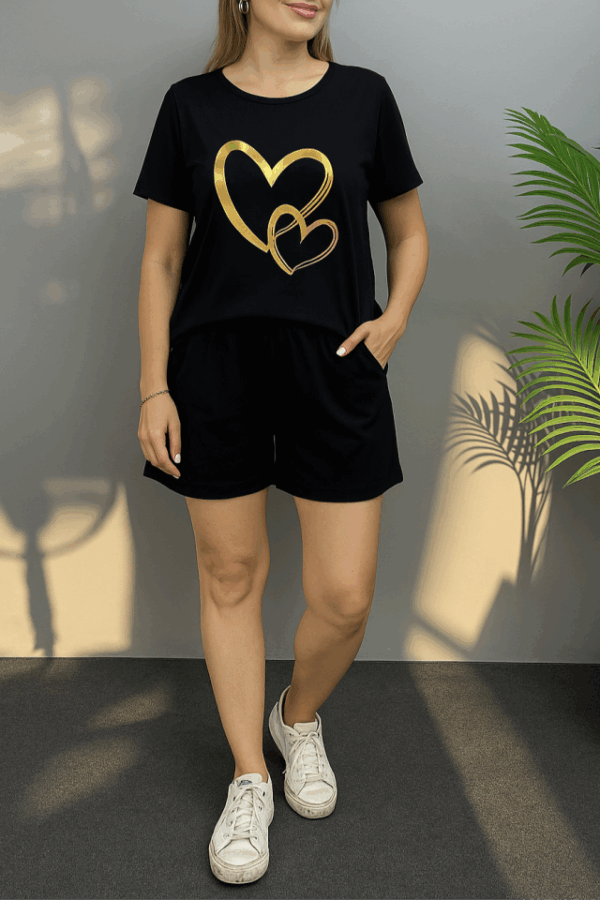 Kadın Kısa Kollu Bisiklet Yaka Viskon Iki Iplik Bluz Ve Short Ikili Takım