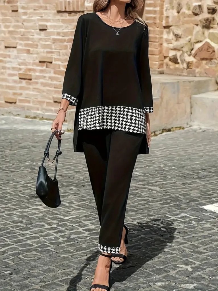 Kadın Uzun Kollu Yuvarlak Yakalı Kaz Ayağı Detaylı Viskon Iki Iplik Bluz Ve Pantolon Ikili Takım - Görsel 2