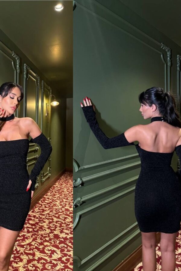 Kadın Madonna Yaka Simli Flower Kumaş Mini Elbise