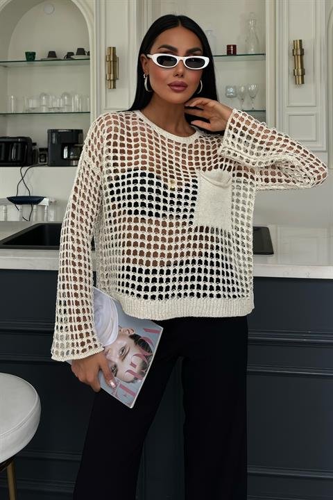 Cep Detay Simli Ajurlu Triko Bluz 1361