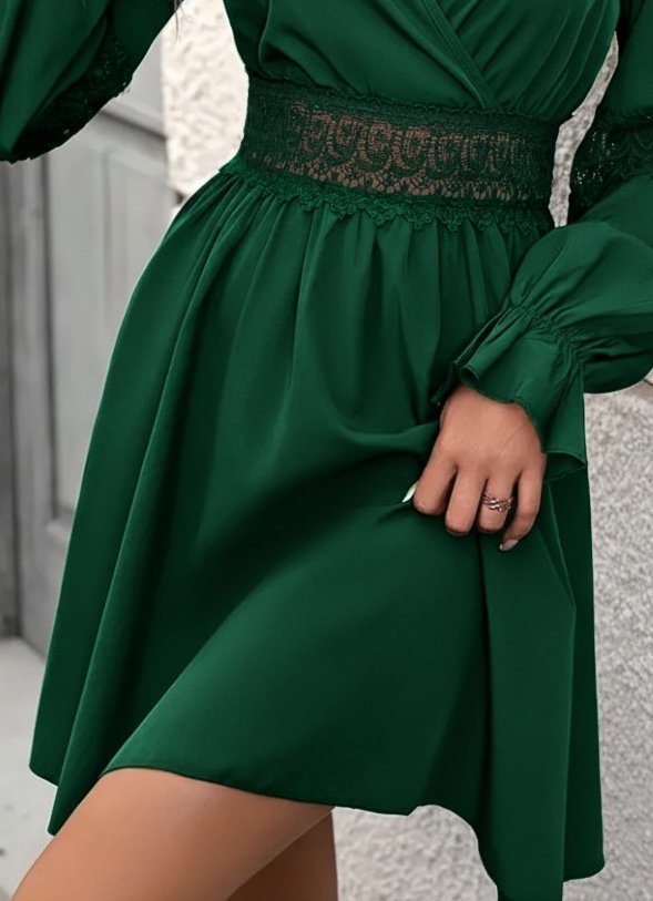 Kadın Uzun Kollu Kruvaze Yakalı Dantelli Fermuar Detaylı Mini Ithal Krep Elbise - Görsel 3