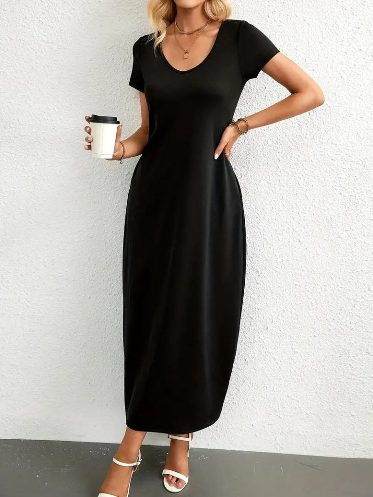 Kadın Kısa Kollu Yakası Yuvarlak Cepli Viskon Elbise - Görsel 5