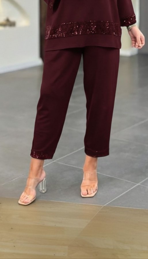 Kadın Uzun Kollu V Yakalı Pulpayet Viskon Iki Iplik Bluz Ve Pantolon Takım - Görsel 3