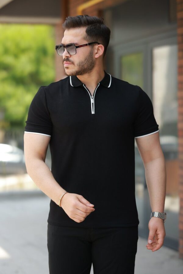 Erkek Fermuar Yakalı çizgi Detaylı Kısa Kollu Tişört