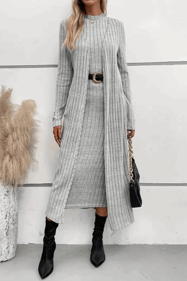 Kadın Uzun Kollu Yarı Balıkçı Yaka şardonlu Dalgıç Elbise Ve Uzun Hırka Ikili Takım