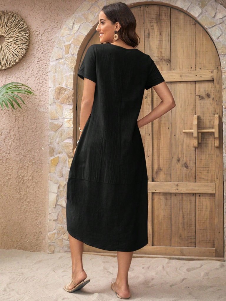 Kadın Kısa Kollu Bisiklet Yaka Düğme Detay Müslim Elbise - Görsel 6