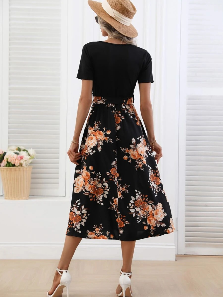 Kadın Kısa Kollu V Yakalı üst Viskon Alt Süprem Midi Elbise - Görsel 2