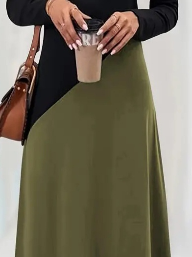 Kadın Uzun Kollu V Yakalı Blok Desenli Viskon Elbise - Görsel 2