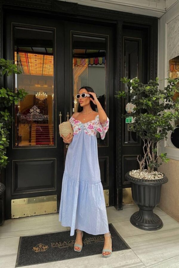 RENKLİ NAKIŞ DESENLİ ELBİSE - Mavi