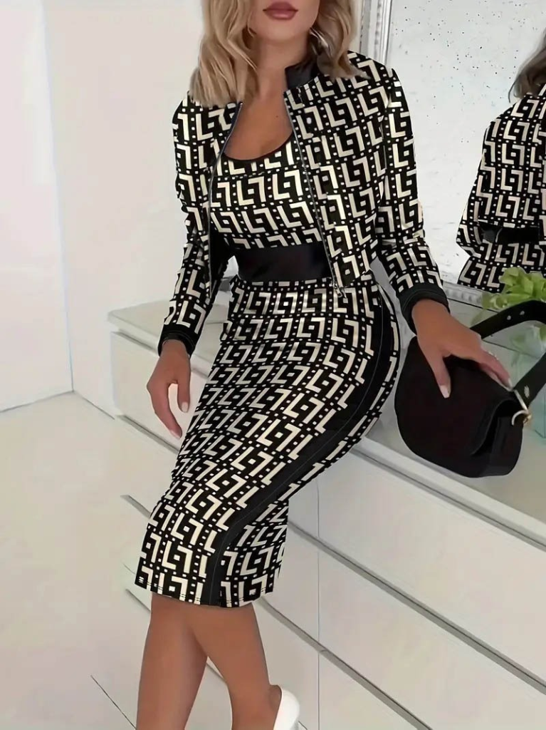 Kadın Uzun Kollu Askılı Yuvarlak Yaka Desenli Dalgıç Bluz Ceket Ve Etek üçlü Takım - Görsel 3