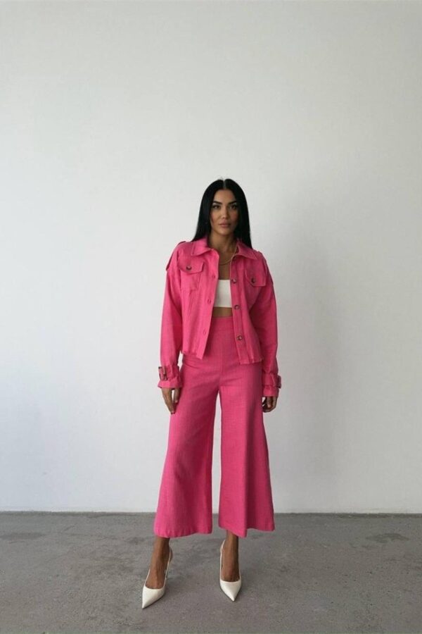 KETEN PÜSKÜL DETAYLI GÖMLEK-PANTOLON TAKIM - Fuşya