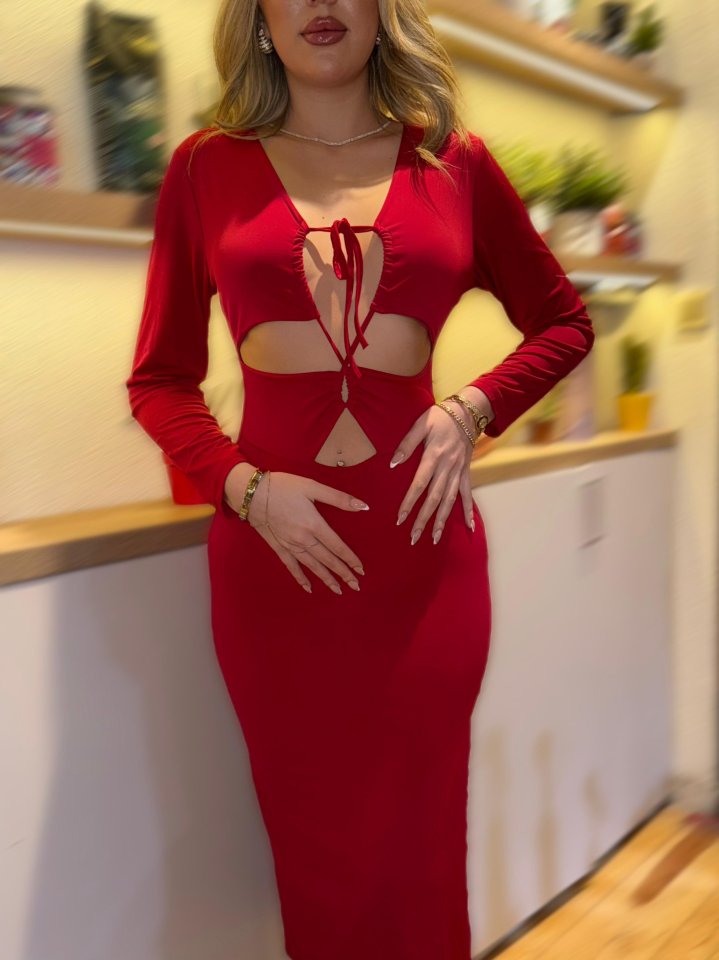 Kadın Uzun Kollu Göğüs Ve Göbek Dekolte Detay Sandy Midi Boy Elbise - Görsel 13