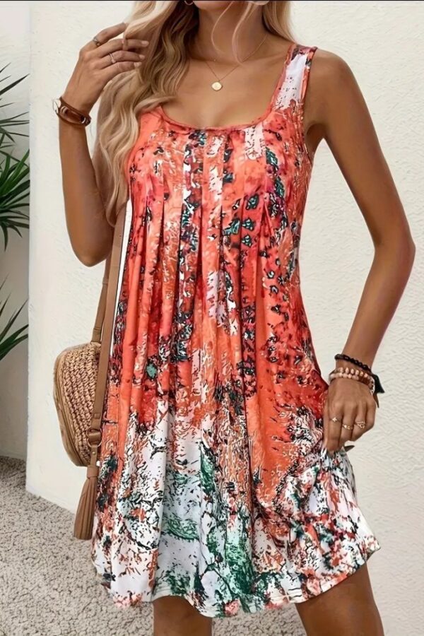 Kadın Sıfır Kollu Kare Yaka önden Pileli Salaş Süprem Elbise