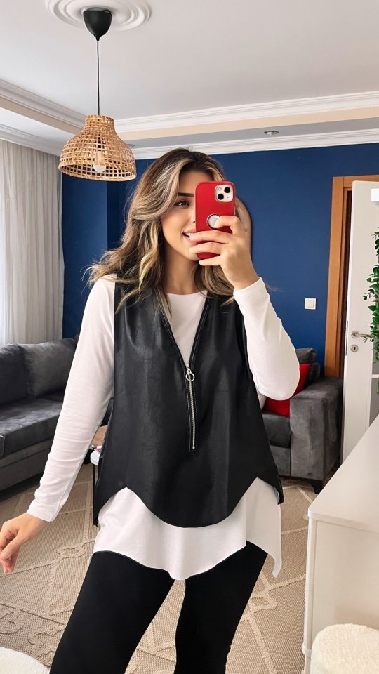 Kadın Uzun Kol Asimetrik Kesim Viskon Bluz Ve çatlak Deri Görünümlü Fermuar Detaylı Yelek Ikili Takım - Görsel 2