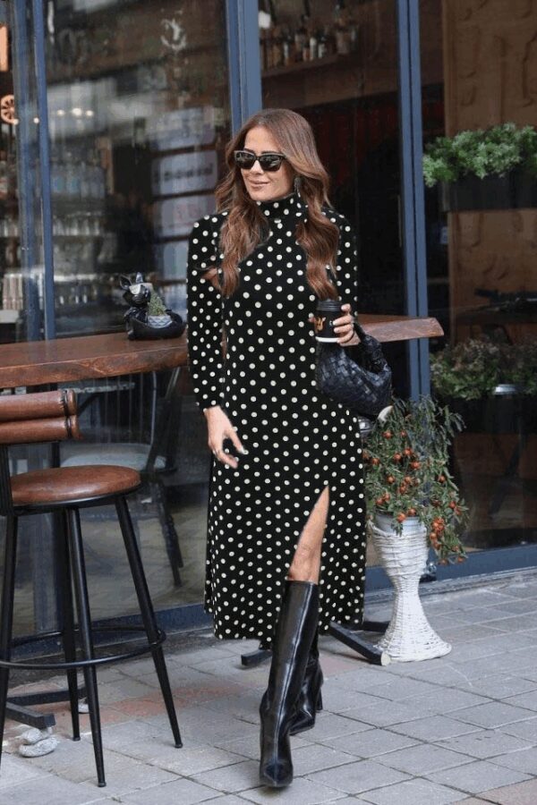 Kadın Uzun Kollu Balıkçı Yaka Yırtmaçlı Krep Elbise